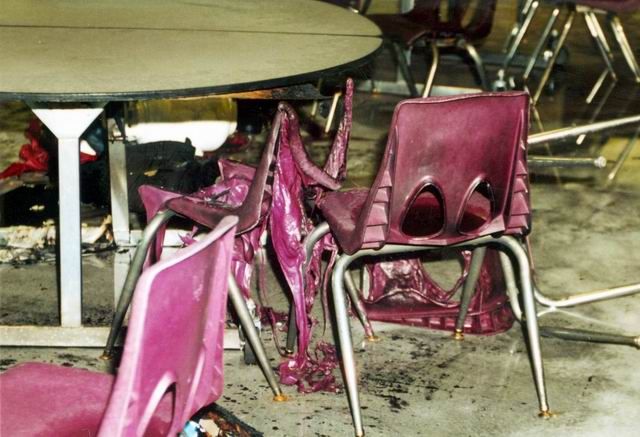 Damage to cafeteria from one partially detonated propane bomb