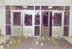 Columbine's west entrance, destroyed by gunfire