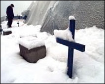 Snow-covered Columbine memorial crosses